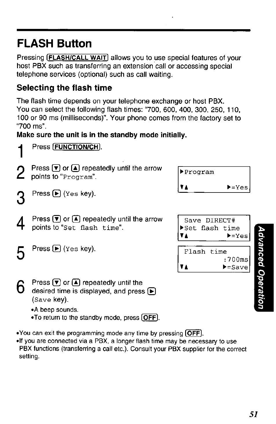 Selecting the flash time, Flash button | Panasonic KX-TG2650N User Manual | Page 51 / 68