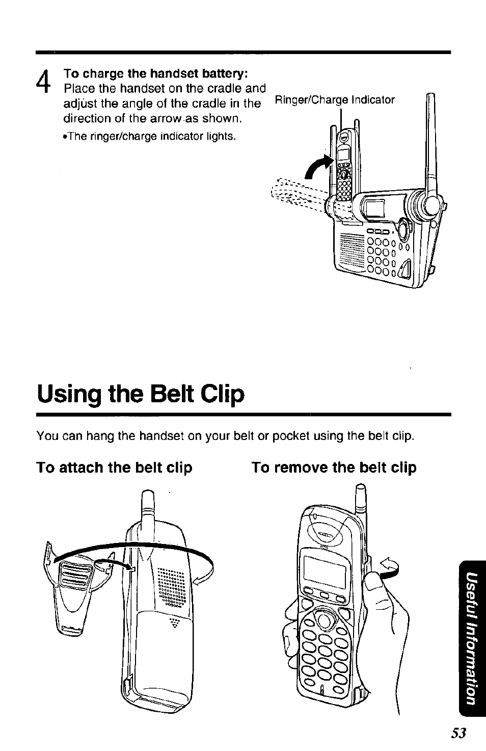 To charge the handset battery, To attach the belt clip to remove the belt clip, Using the belt clip | Panasonic KX-TG2650N User Manual | Page 53 / 68