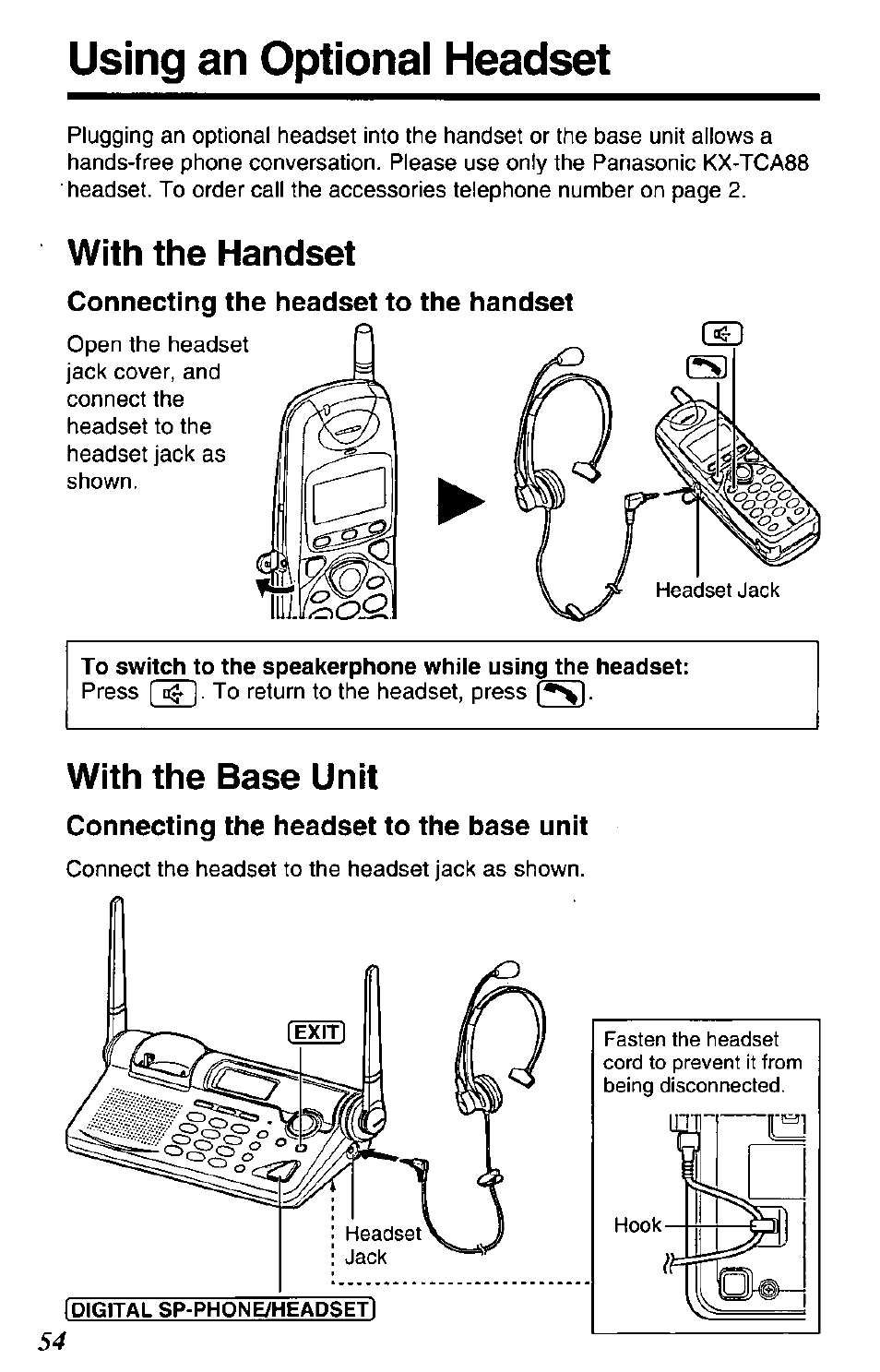 Connecting the headset to the handset, Connecting the headset to the base unit, Using an optional headset | With the handset, With the base unit | Panasonic KX-TG2650N User Manual | Page 54 / 68