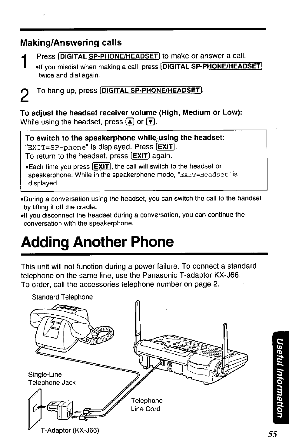 Making/answering calls, While using the headset, press ® or, Exit=sp-phone” is displayed. press i exit i | To return to the headset, press i exit i again, Answering calls, Adding another phone, Exit=sp-phone | Panasonic KX-TG2650N User Manual | Page 55 / 68