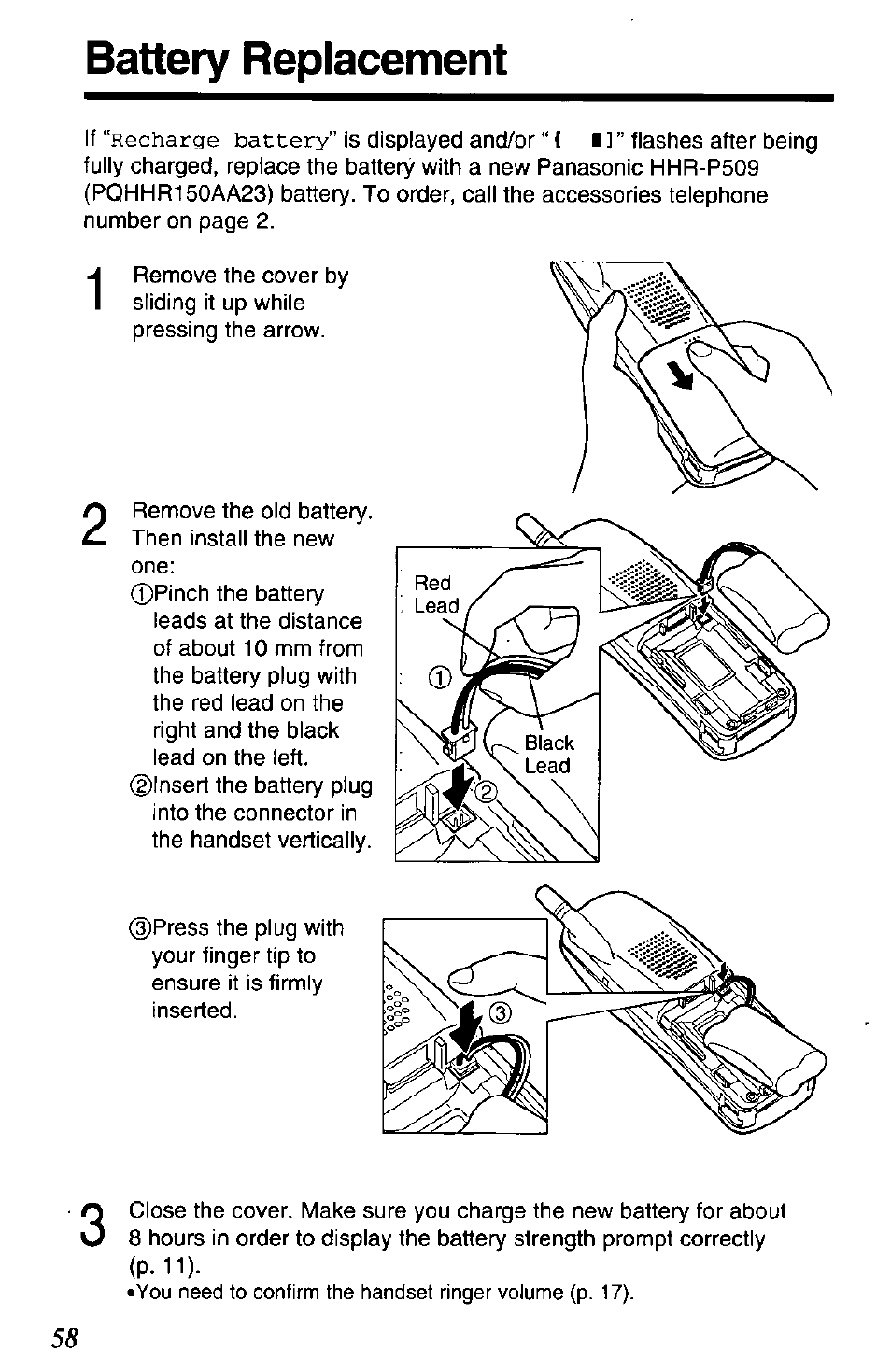 Battery replacement, Recharge battery | Panasonic KX-TG2650N User Manual | Page 58 / 68