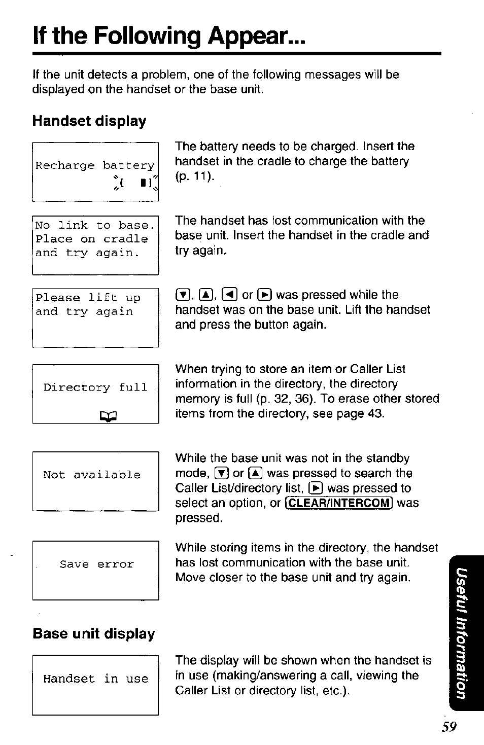 Handset display, Base unit display, If the following appear | Panasonic KX-TG2650N User Manual | Page 59 / 68