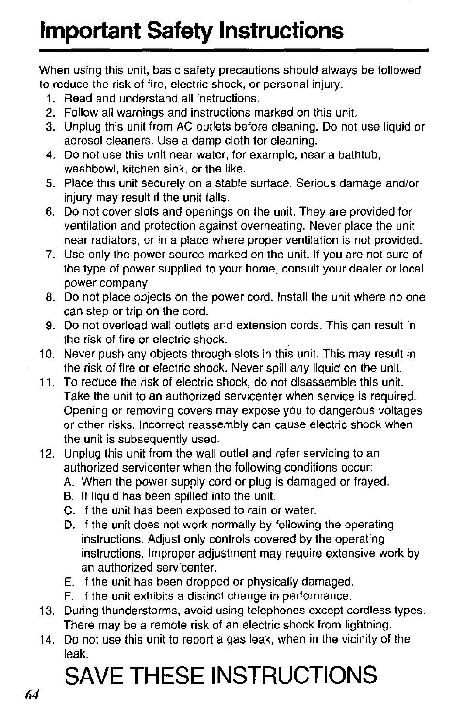 Save these instructions, Important safety instructions | Panasonic KX-TG2650N User Manual | Page 64 / 68
