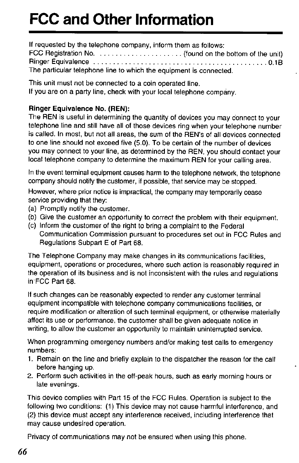 Ringer equivalence no. (ren), Fcc and other information | Panasonic KX-TG2650N User Manual | Page 66 / 68