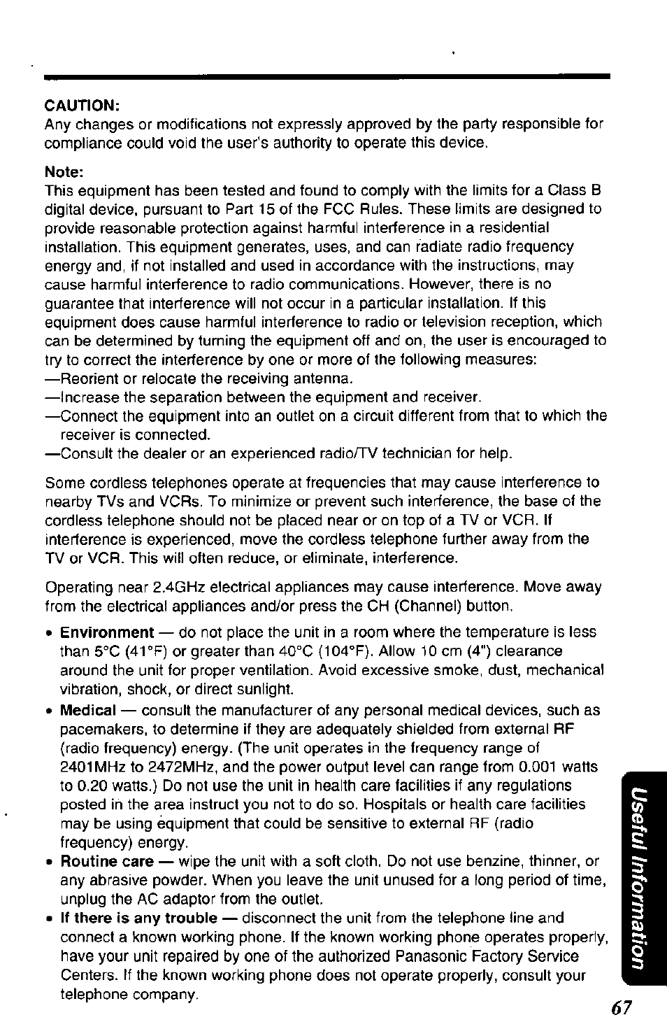 Caution, Note | Panasonic KX-TG2650N User Manual | Page 67 / 68