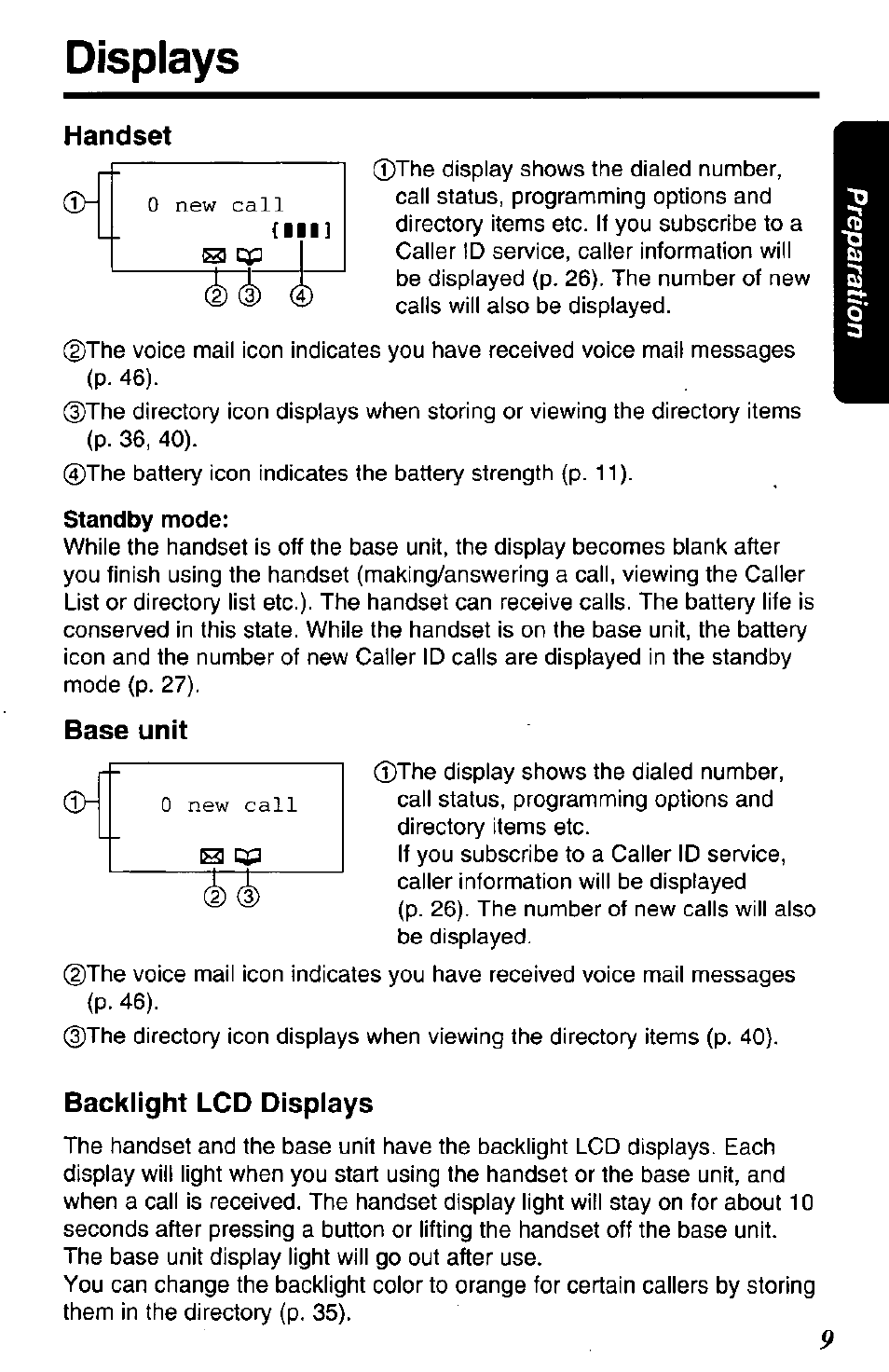 Handset, Standby mode, Base unit | Backlight lcd displays, Displays | Panasonic KX-TG2650N User Manual | Page 9 / 68