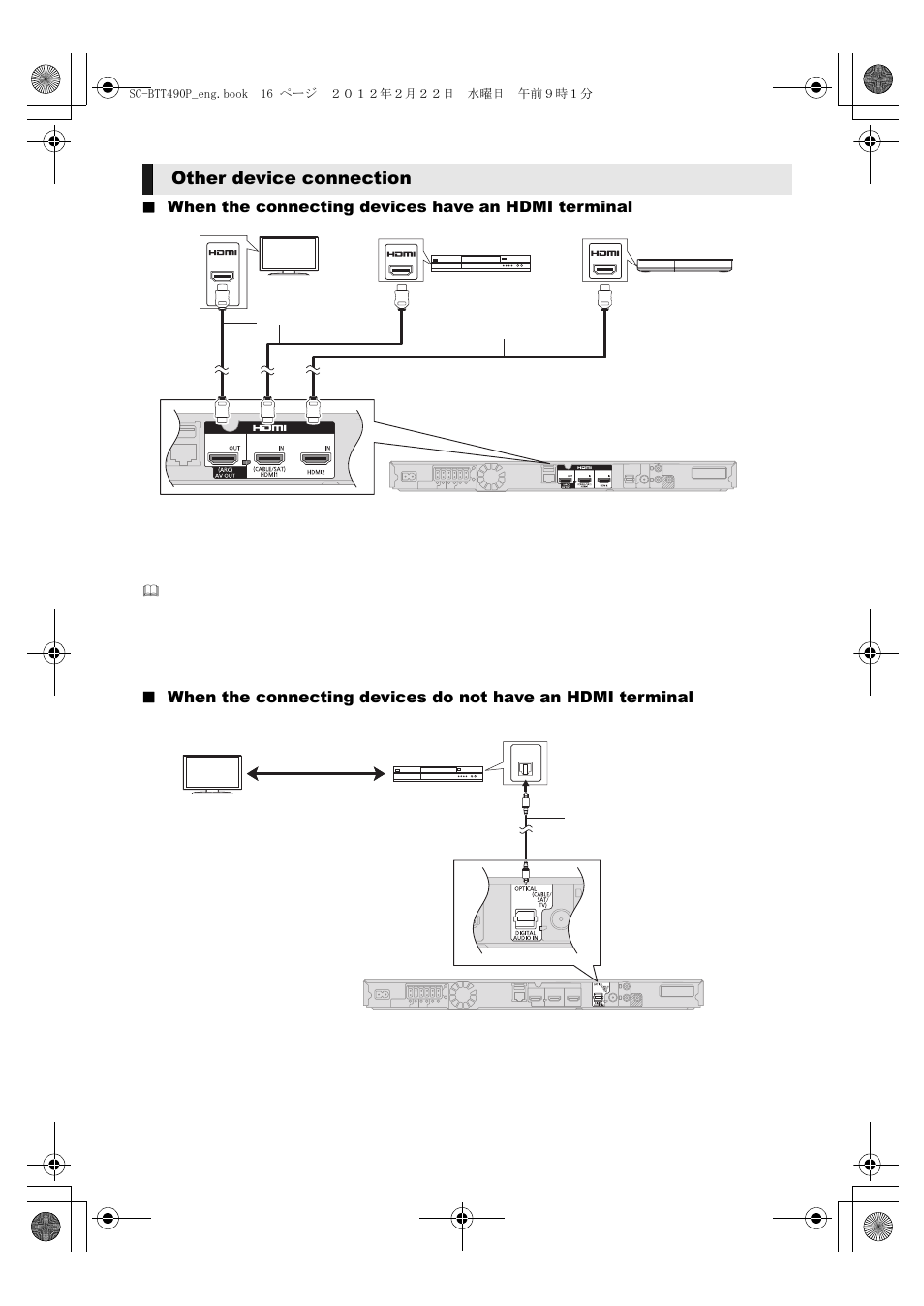 Other device connection, When the connecting devices have an hdmi terminal | Panasonic Blu-ray DiscTM Home Theater Sound System SC-BTT490 User Manual | Page 16 / 56