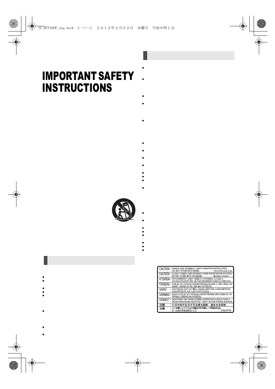 Important safety instructions, Warning caution | Panasonic Blu-ray DiscTM Home Theater Sound System SC-BTT490 User Manual | Page 2 / 56
