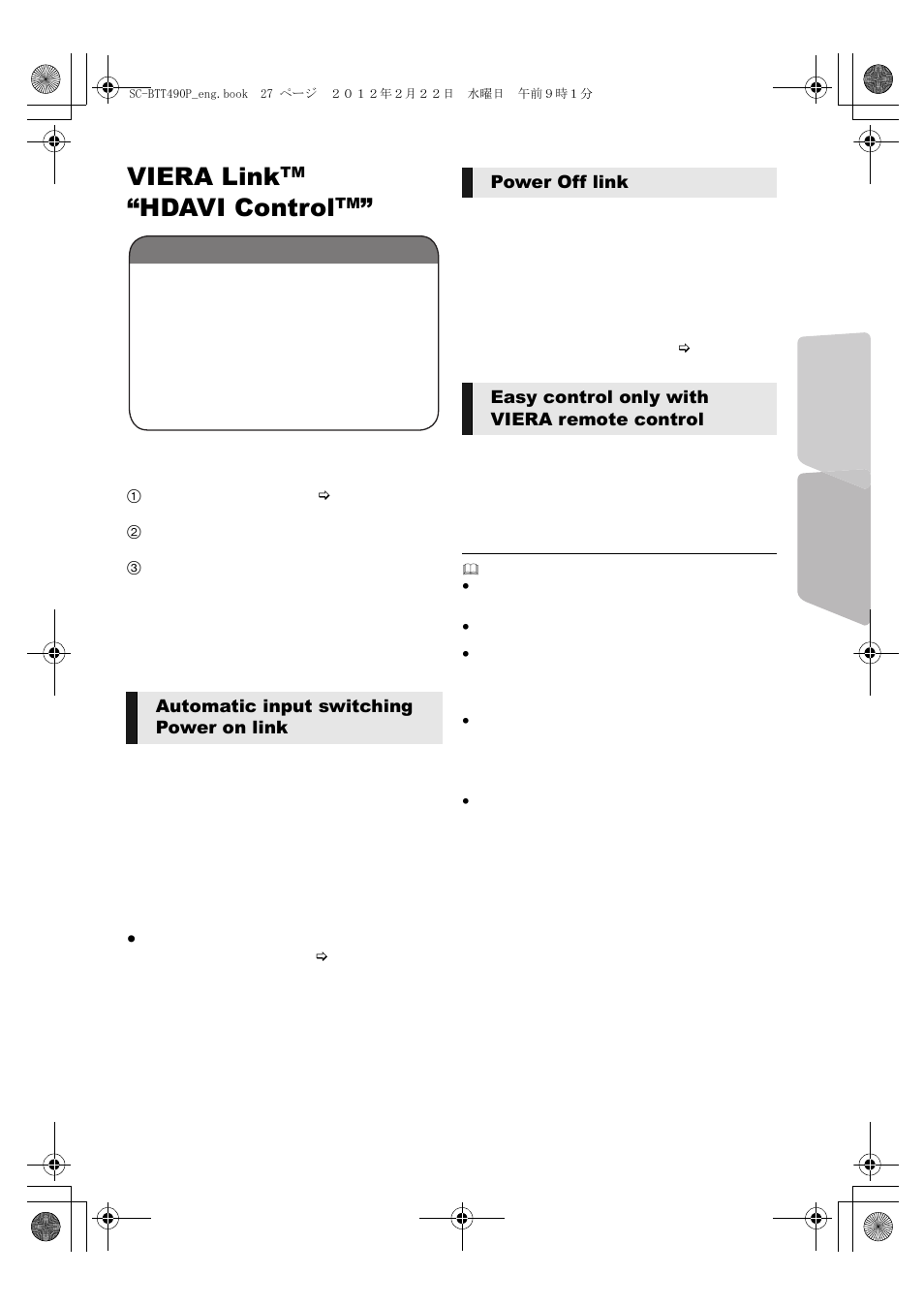 Viera linktm“ hdavi controltm, Viera link, Hdavi control | Automatic input switching power on link | Panasonic Blu-ray DiscTM Home Theater Sound System SC-BTT490 User Manual | Page 27 / 56