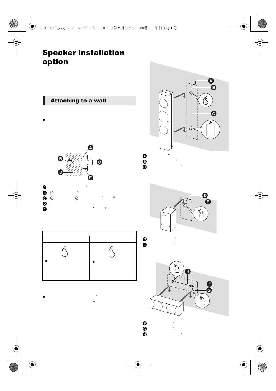 Speaker installation option, Attaching to a wall | Panasonic Blu-ray DiscTM Home Theater Sound System SC-BTT490 User Manual | Page 42 / 56