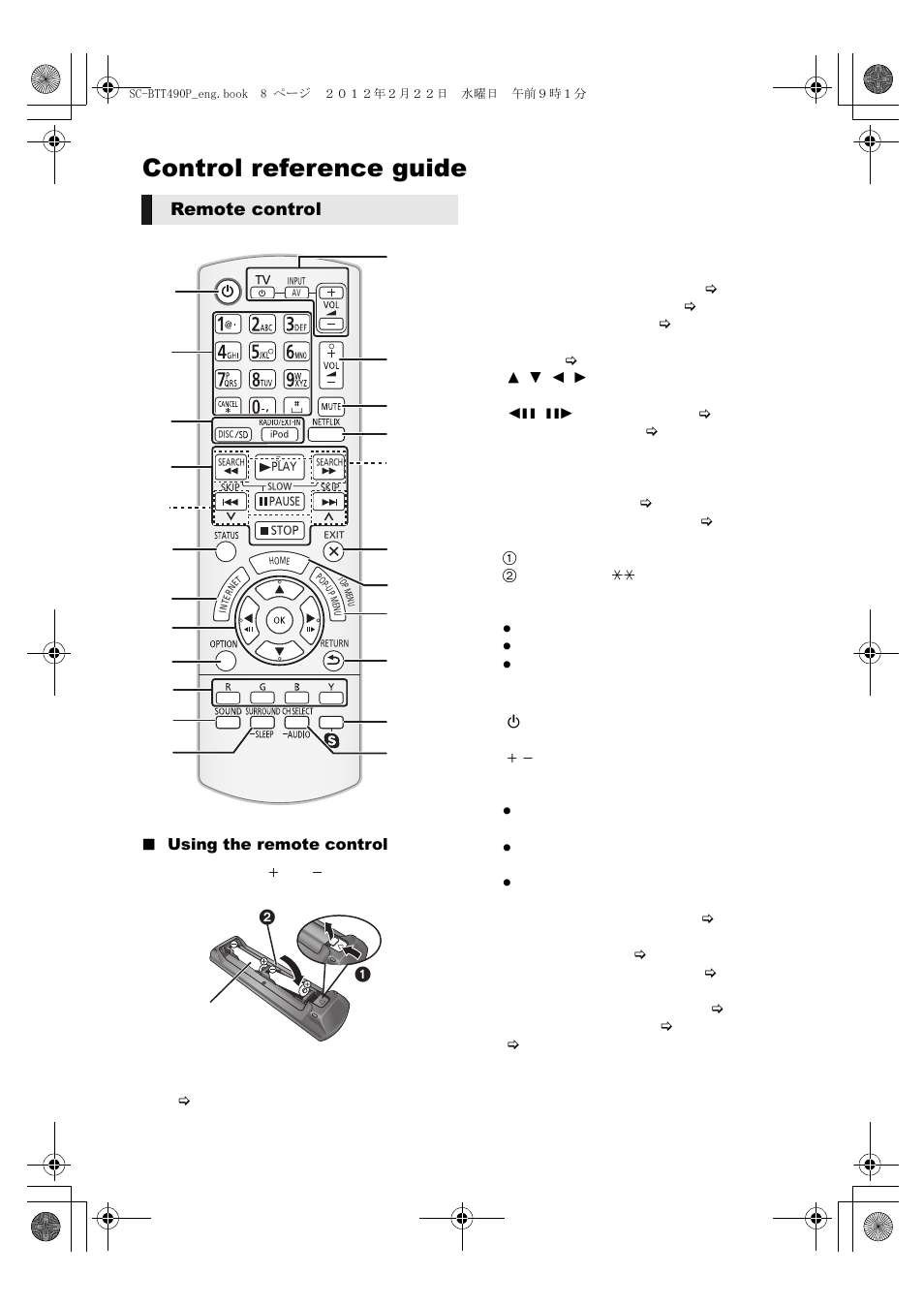 Control reference guide, Remote control | Panasonic Blu-ray DiscTM Home Theater Sound System SC-BTT490 User Manual | Page 8 / 56