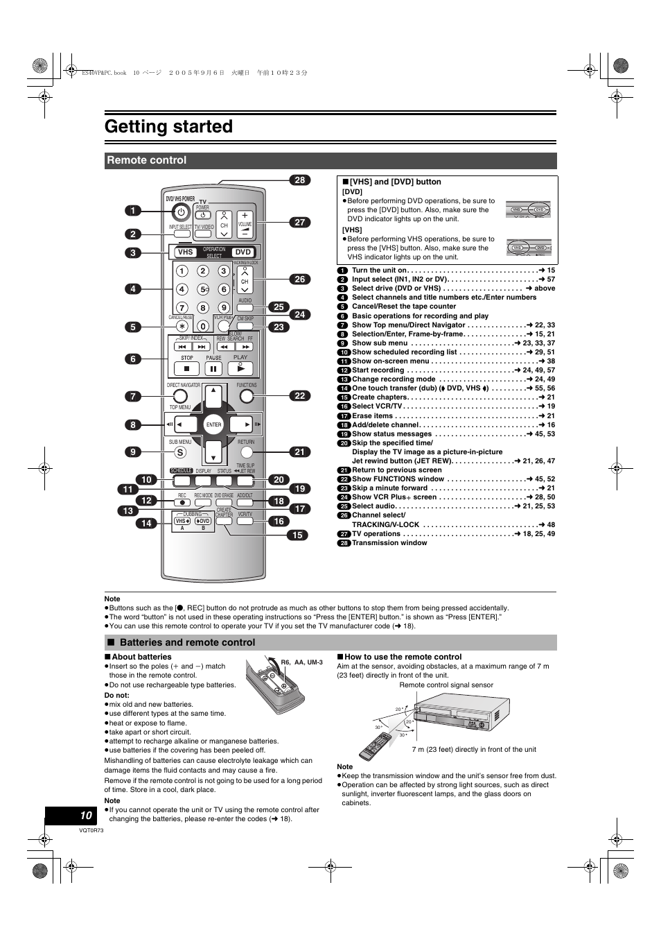 Remote control, Batteries and remote control, Getting started | Panasonic DMR-ES40V User Manual | Page 10 / 80