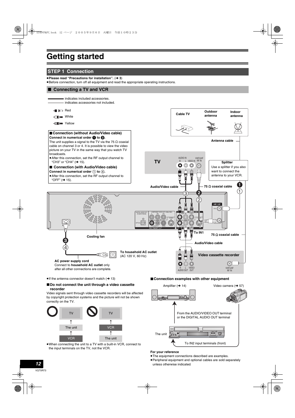 Step 1 connection, Connecting a tv and vcr, Getting started | Panasonic DMR-ES40V User Manual | Page 12 / 80