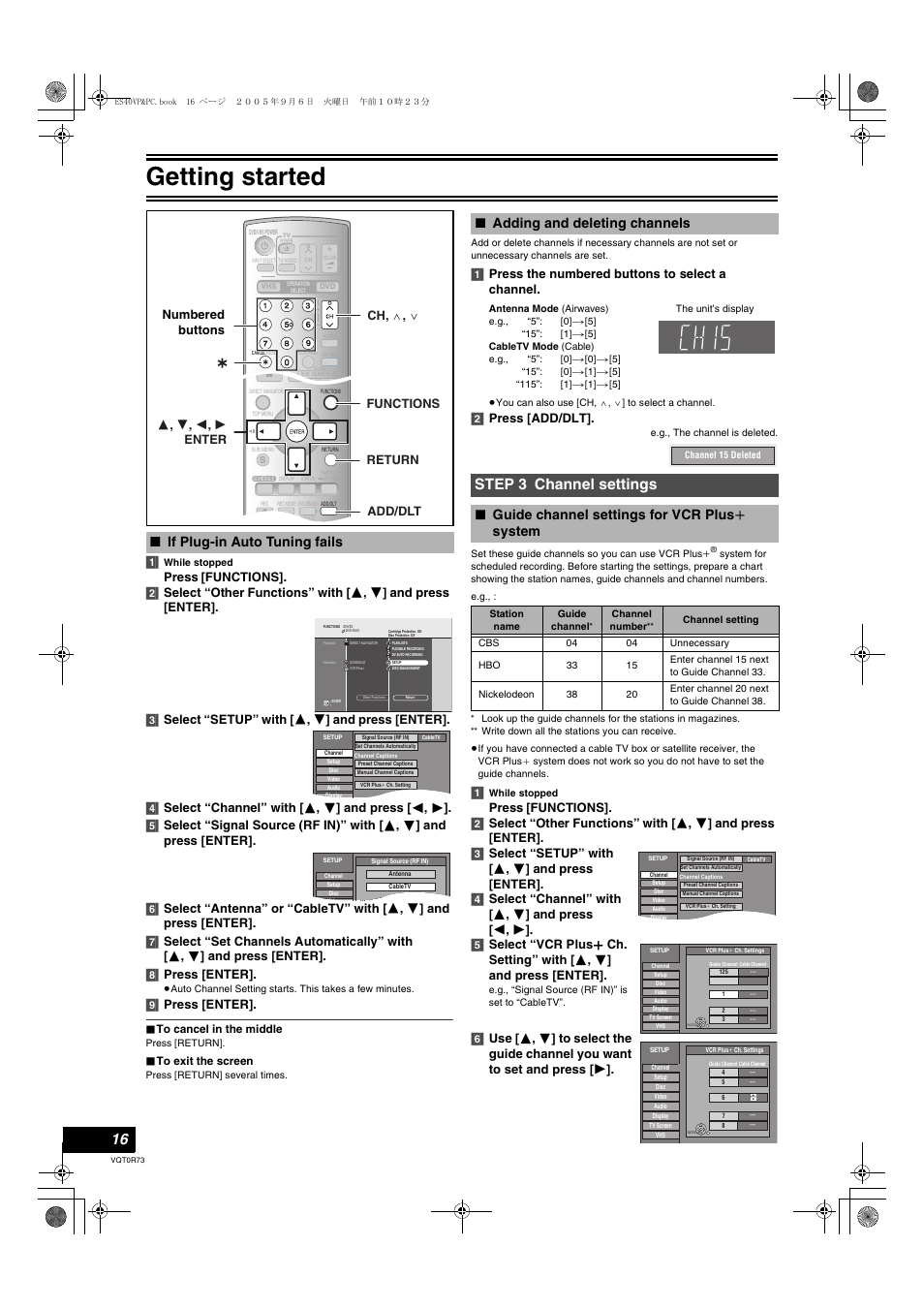 Step 3 channel settings, Guide channel settings for vcr plusi, L 16 | Getting started, If plug-in auto tuning fails, Adding and deleting channels, Guide channel settings for vcr plus i system, Press, 9] press [enter, 1] press the numbered buttons to select a channel | Panasonic DMR-ES40V User Manual | Page 16 / 80