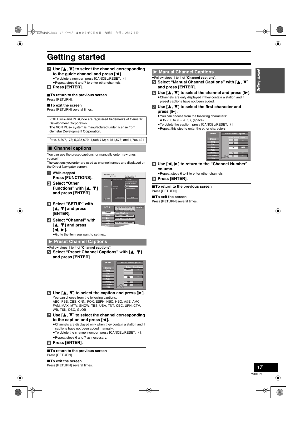 Channel captions, Preset channel captions - manual channel captions, Getting started | Channel captions 1 preset channel captions, 1 manual channel captions, 8] press [enter, Press, 9] press [enter | Panasonic DMR-ES40V User Manual | Page 17 / 80