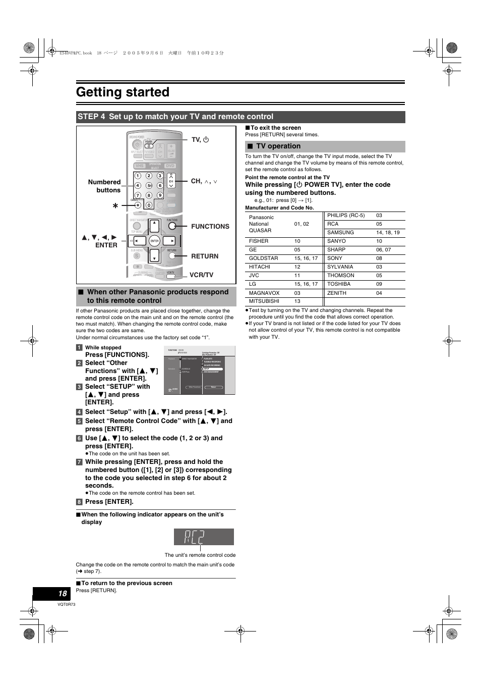 Step 4 set up to match your tv and remote control, When other panasonic products respond to, This remote control | Tv operation, L 18, Rer code, L 18), Getting started, Press, 8] press [enter | Panasonic DMR-ES40V User Manual | Page 18 / 80