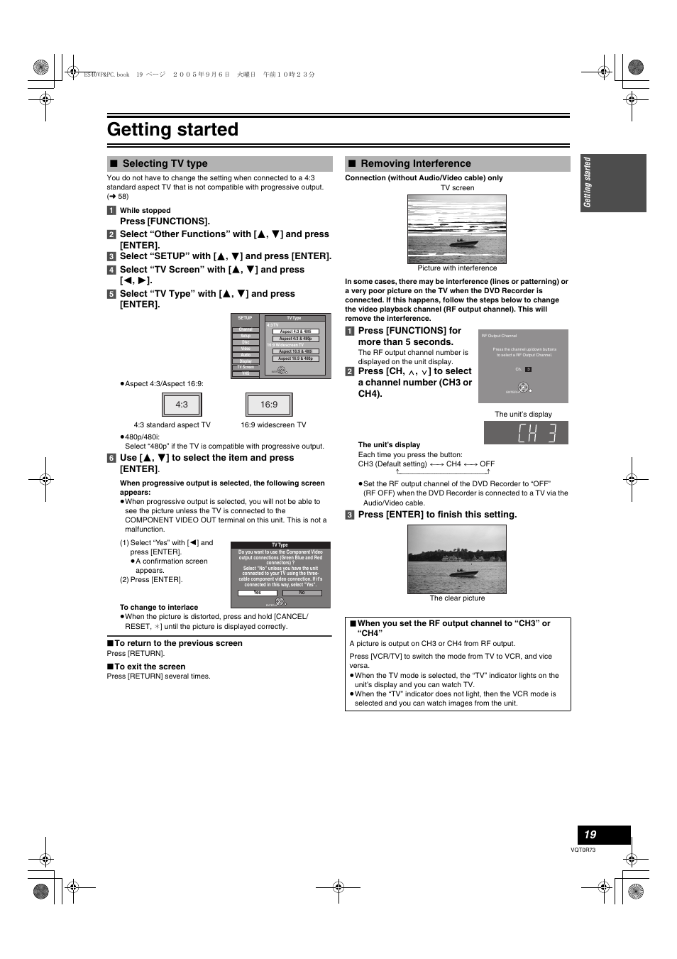 Selecting tv type ≥removing interference, L 19, L 19) | Getting started, Selecting tv type, Removing interference | Panasonic DMR-ES40V User Manual | Page 19 / 80