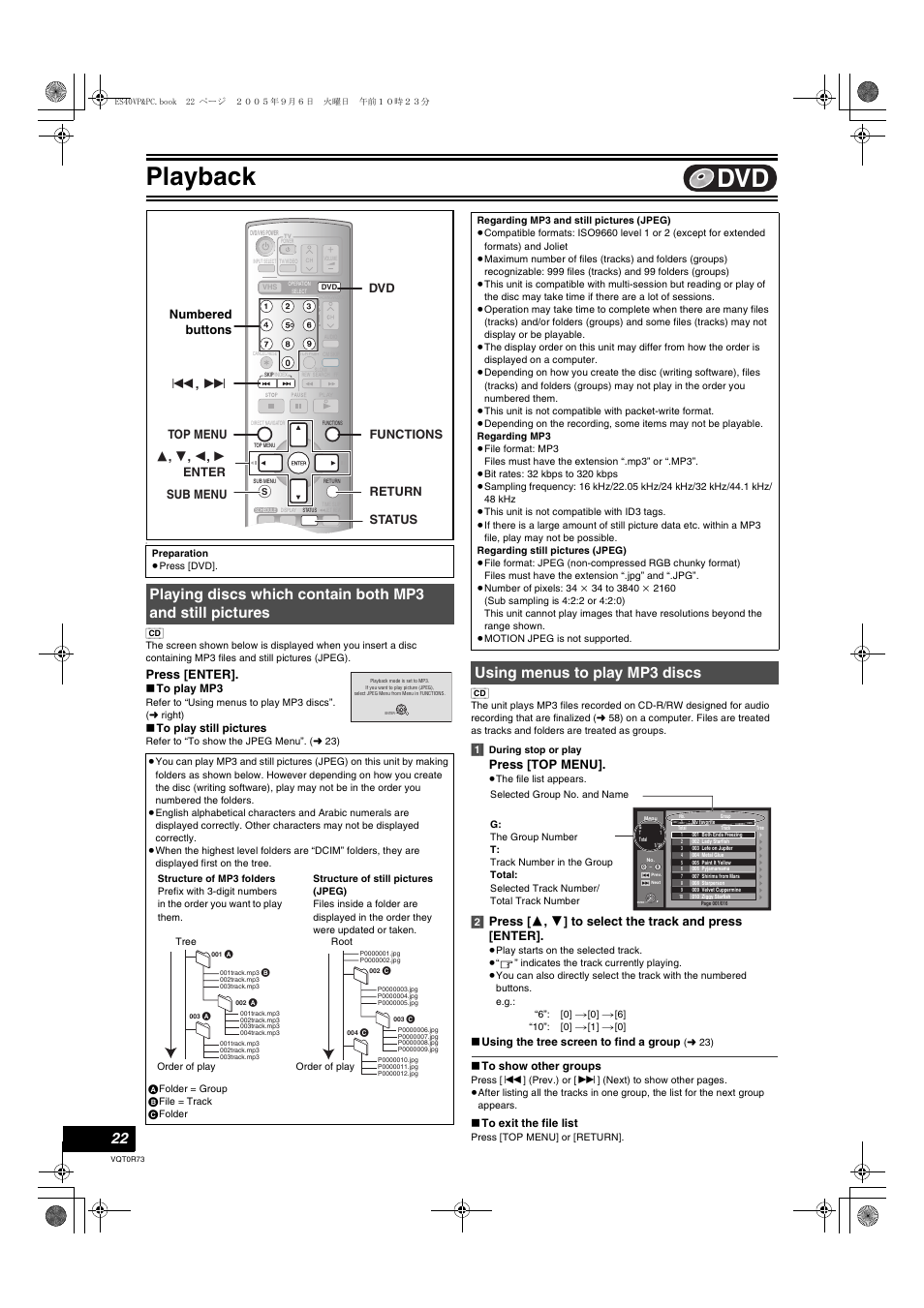 L 22), L 22, Playback | Using menus to play mp3 discs, Press [enter, Press [top menu, Numbered buttons, Dvd functions : , 9 | Panasonic DMR-ES40V User Manual | Page 22 / 80