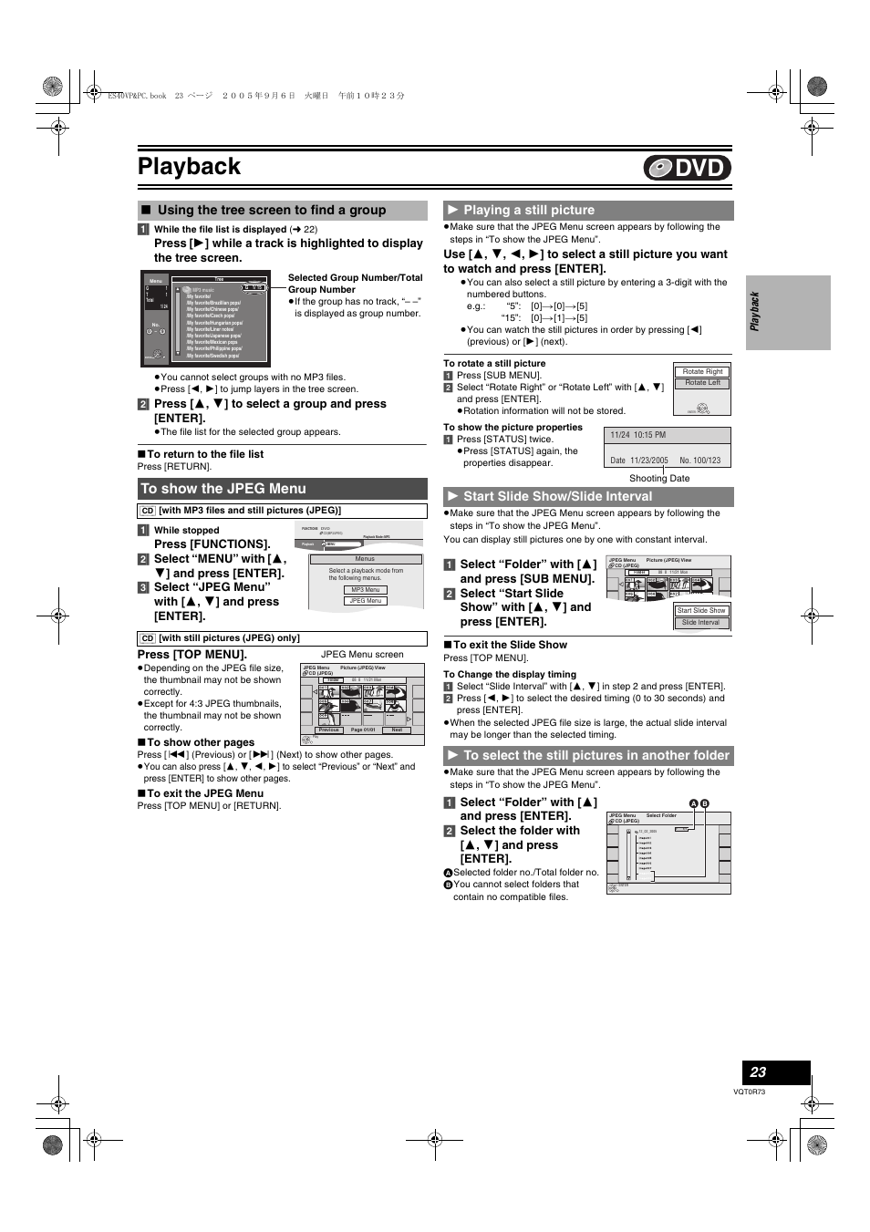 To show the jpeg menu, Using the tree screen to find a group, L 23 | L 23), Playback, Menu, Press | Panasonic DMR-ES40V User Manual | Page 23 / 80