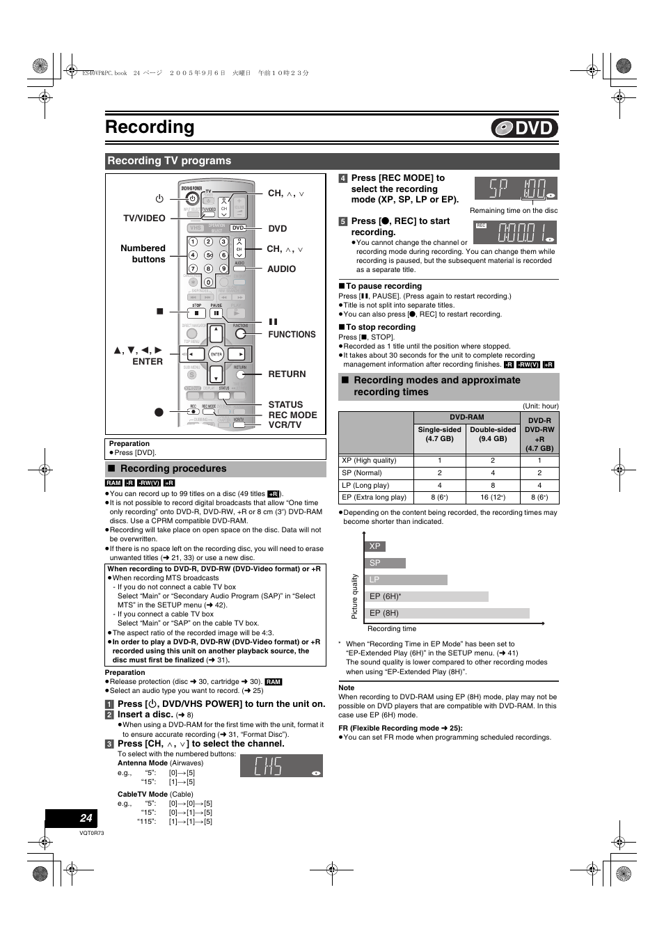 Recording, Recording tv programs, L 24) | L 24, Recording procedures, Recording modes and approximate recording times | Panasonic DMR-ES40V User Manual | Page 24 / 80