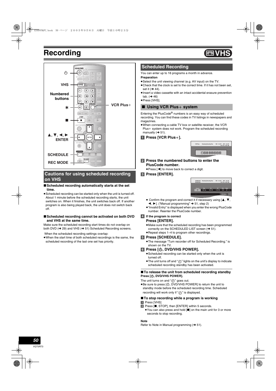 Cautions for using scheduled recording on vhs, Scheduled recording, Using vcr plus | Recording, Using vcr plus _ system, 3] press [enter, Press [enter, 5] press [schedule, 6] press [ í , dvd/vhs power, Numbered buttons | Panasonic DMR-ES40V User Manual | Page 50 / 80