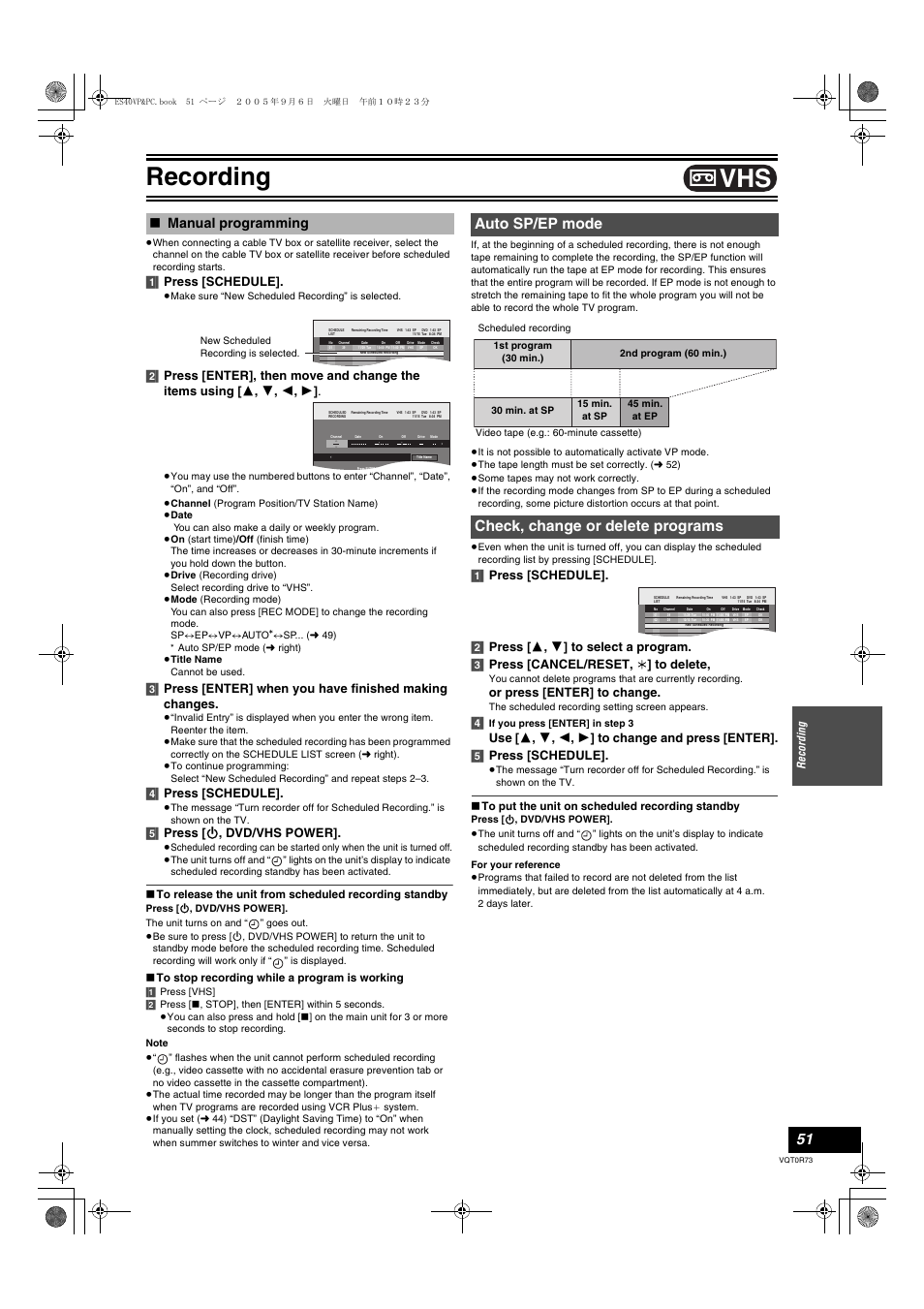 Auto sp/ep mode, Check, change or delet programs, Manual programming | Auto sp/ep mode check, change or delete programs, L 51), Anually, L 51, Reen, Recording, 1] press [schedule | Panasonic DMR-ES40V User Manual | Page 51 / 80