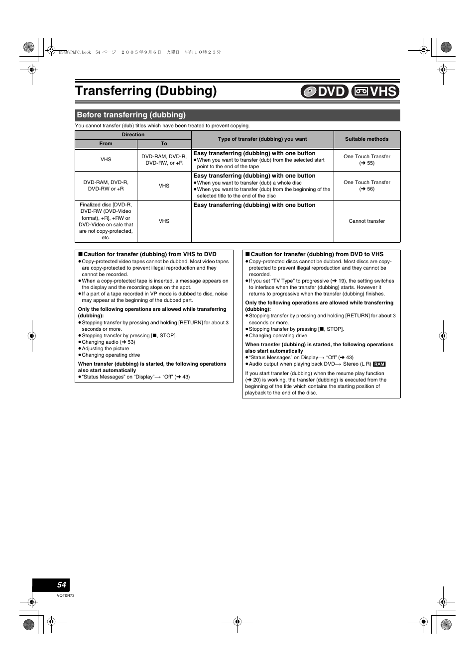 Dvd/vhs, Transferring (dubbing), Before transferring (dubbing) | Vhs dvd | Panasonic DMR-ES40V User Manual | Page 54 / 80