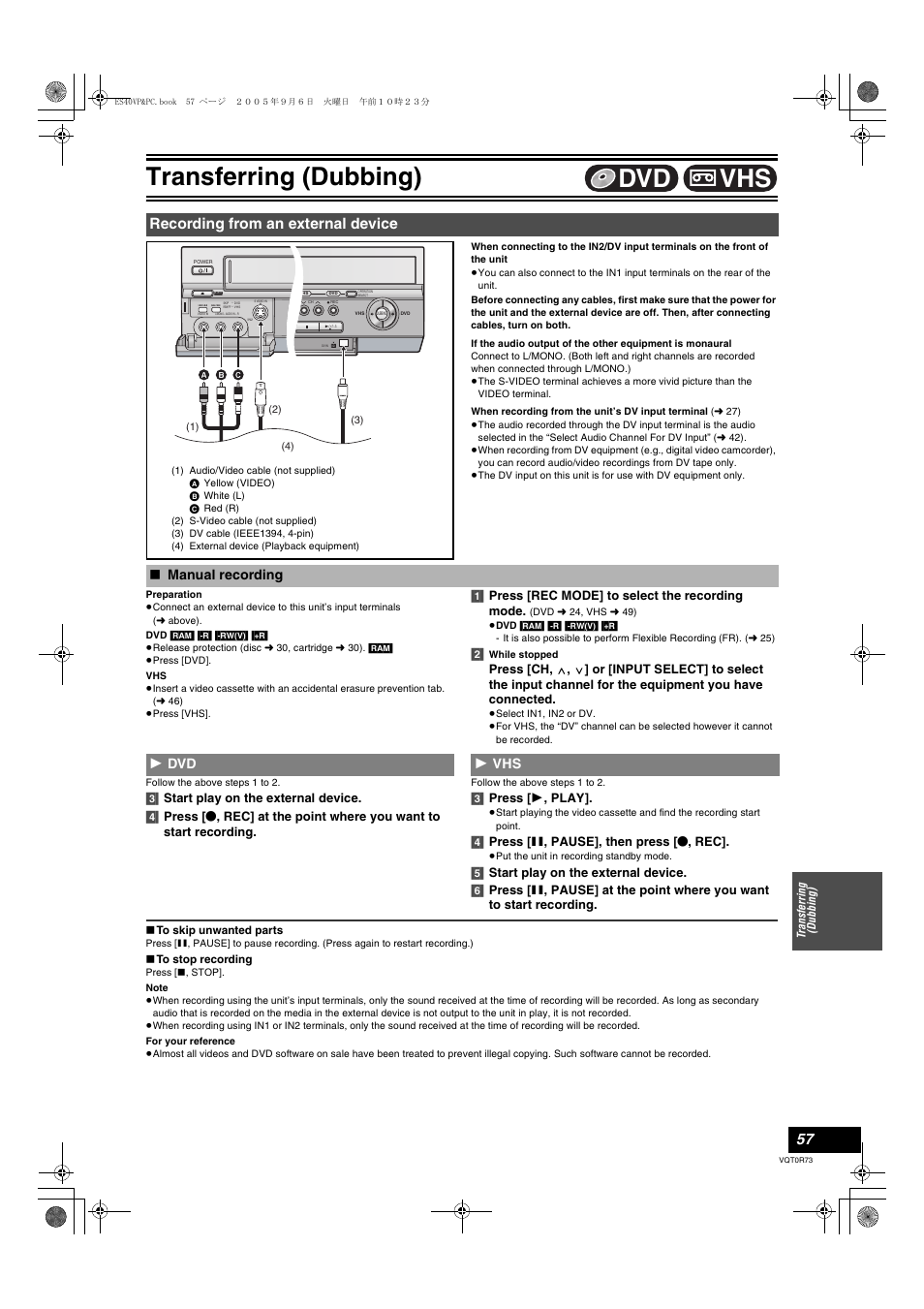 Recording from an external device, Dvd - vhs, L 57 | L 57), Transferring (dubbing), Vhs dvd, Manual recording 1 dvd 1 vhs | Panasonic DMR-ES40V User Manual | Page 57 / 80