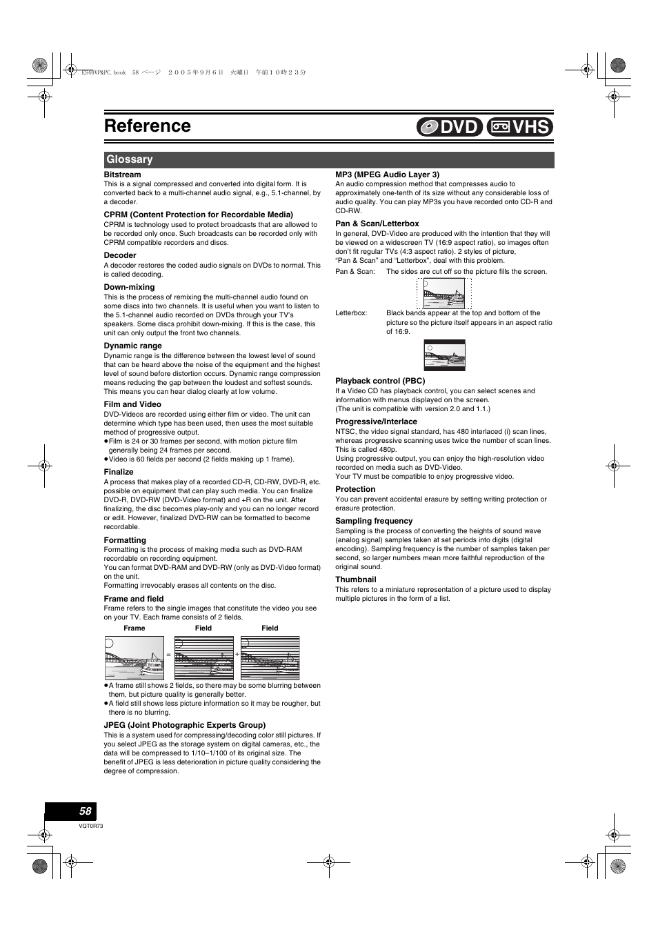 Reference, Glossary, L 58) | L 58, finalize, Nalized, L 58) on, L 58, Ng played, L 58, film and video), L 58, “frame and field | Panasonic DMR-ES40V User Manual | Page 58 / 80