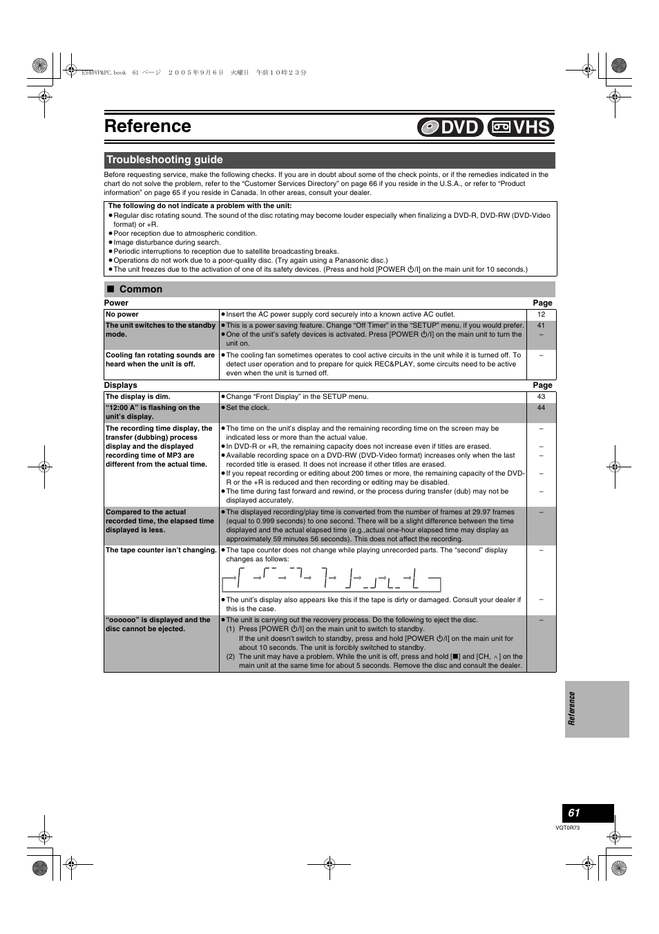 Troubleshooting, Troubleshooting guide, Common | Reference, Vhs dvd | Panasonic DMR-ES40V User Manual | Page 61 / 80