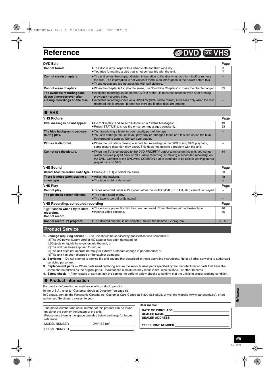 Product service, Product information, Reference | Vhs dvd | Panasonic DMR-ES40V User Manual | Page 65 / 80