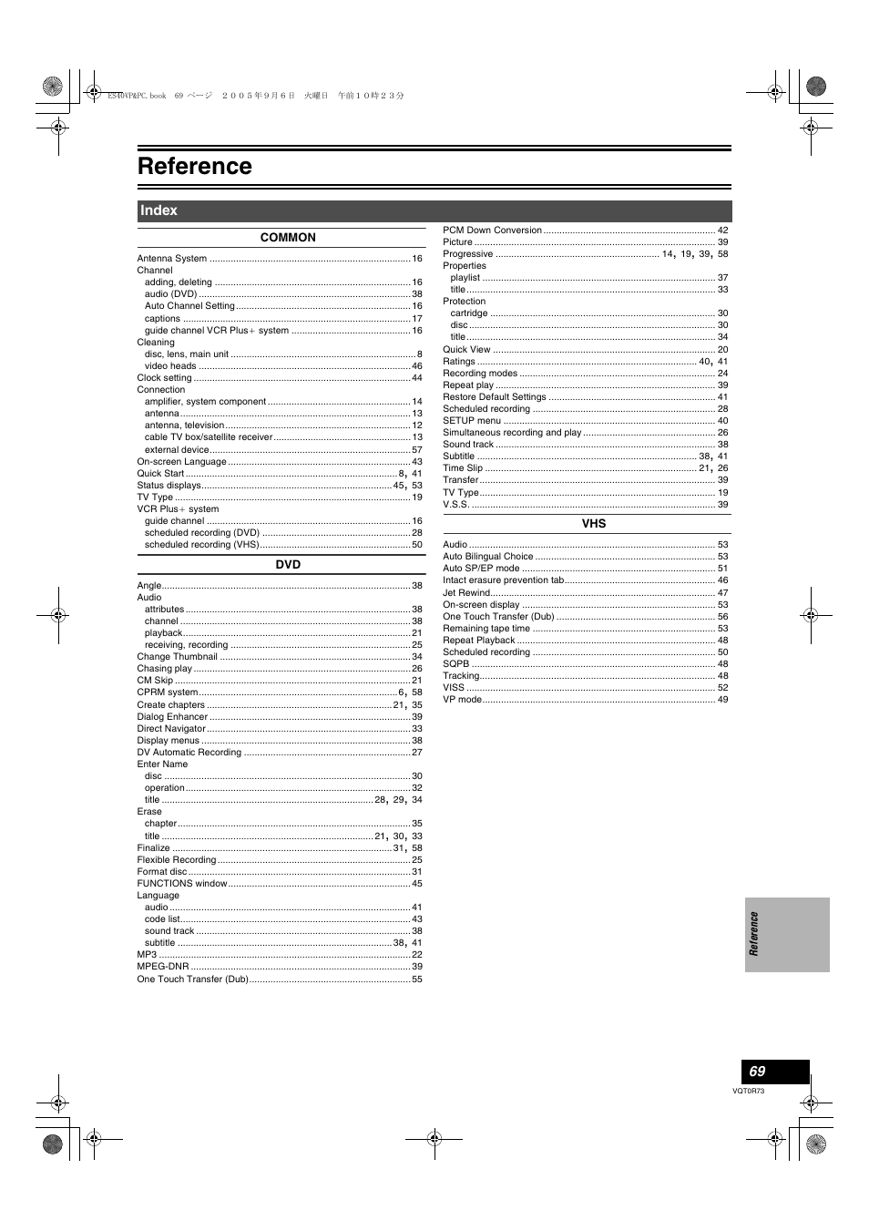 Index, Reference | Panasonic DMR-ES40V User Manual | Page 69 / 80