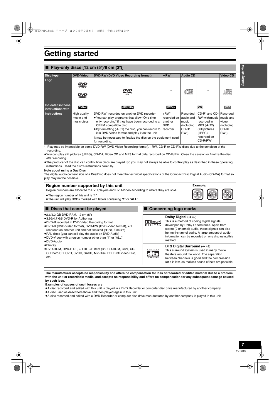 Play-only discs [12 cm (5, Discs that cannot be played ≥concerning logo marks, Getting started | Panasonic DMR-ES40V User Manual | Page 7 / 80