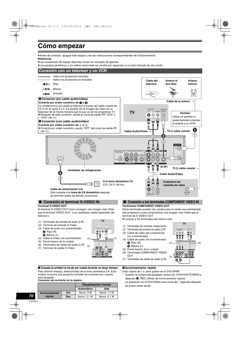 Espanol, Como empezar, Conexion con un televisor y un vcr | Español, Cómo empezar, Conexión con un televisor y un vcr, Conexión al terminal s-video in, Conexión a los terminales component video in | Panasonic DMR-ES40V User Manual | Page 70 / 80