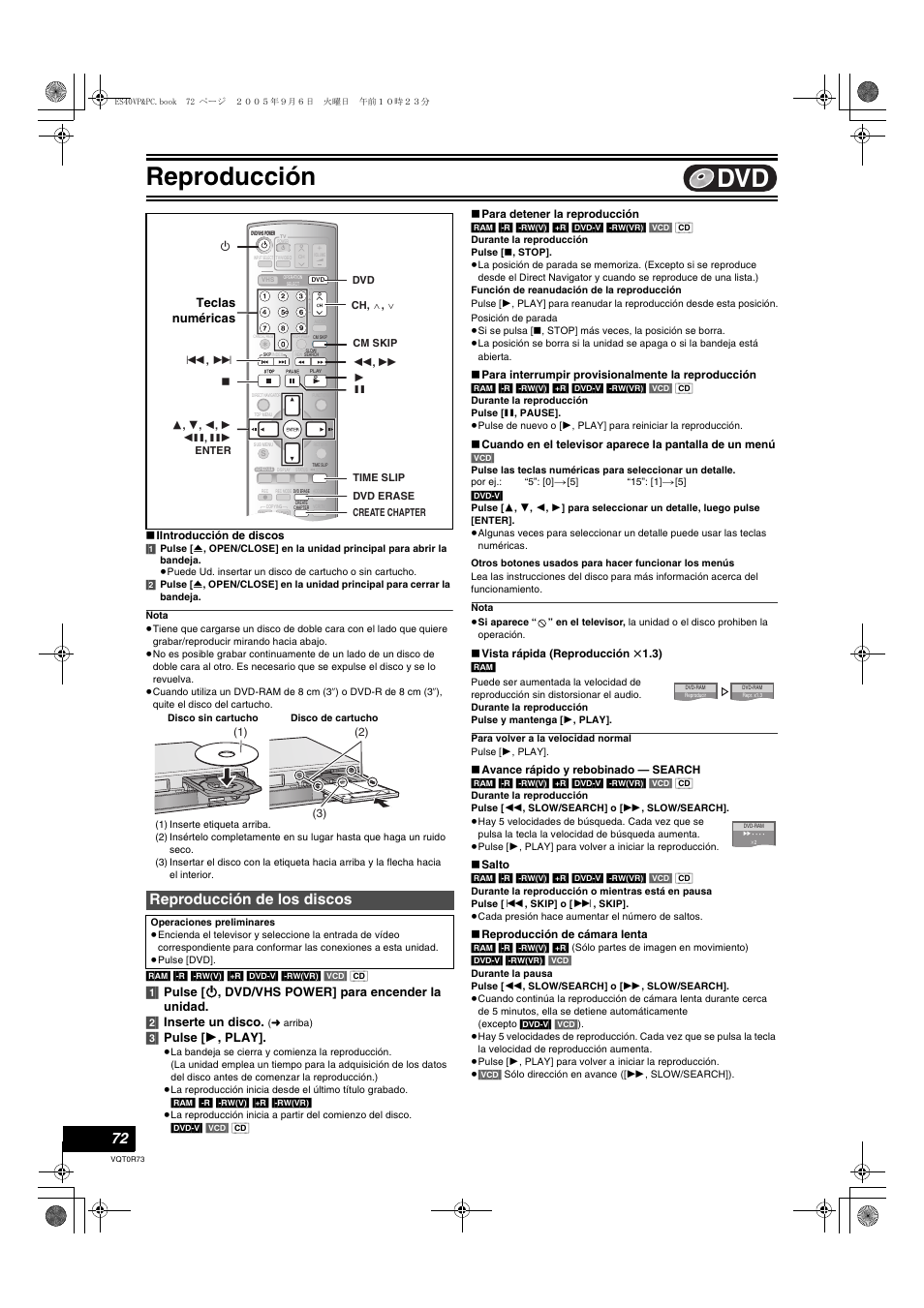 Reproducion, Reproduccion de los discos, Reproducción | Reproducción de los discos, 3] pulse [ 1 , play, Teclas numéricas | Panasonic DMR-ES40V User Manual | Page 72 / 80