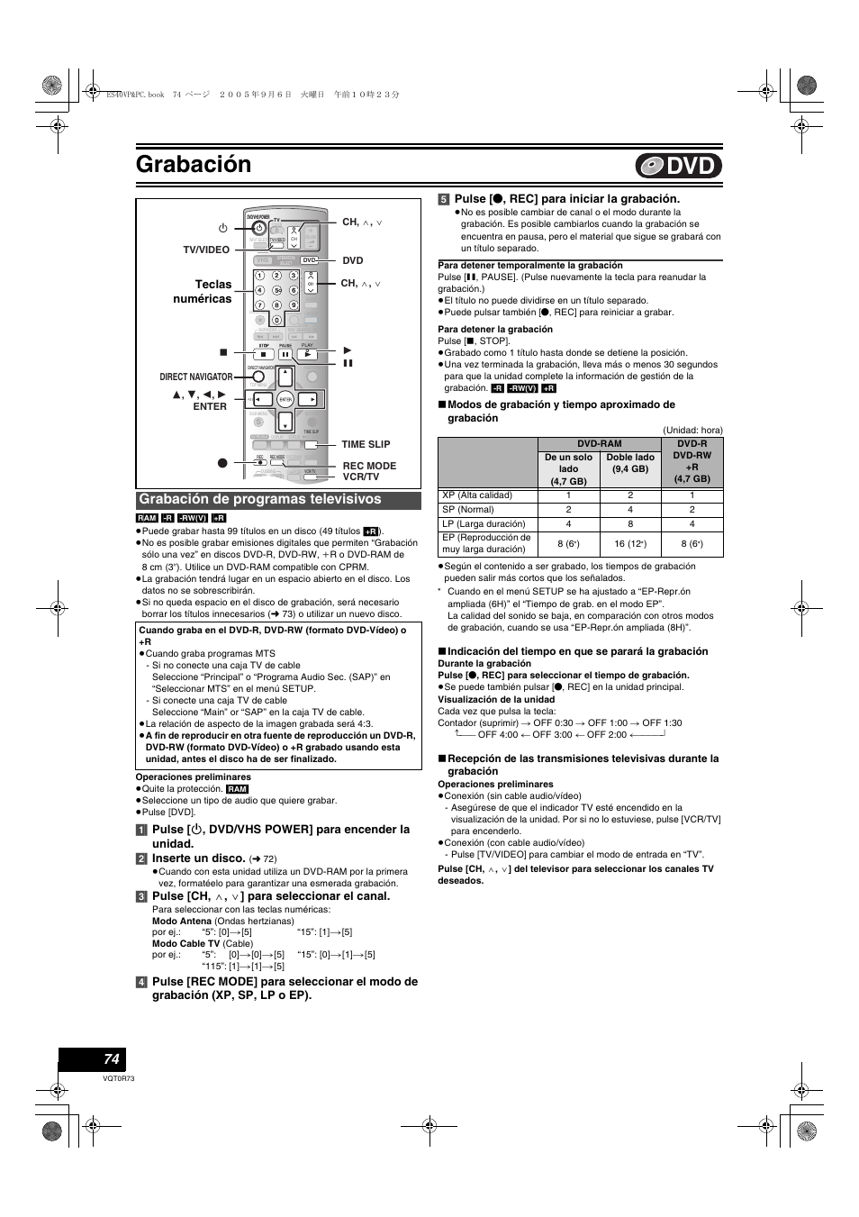 Grabacion, Grabacion de programas televisivos, Grabación | Grabación de programas televisivos, 3] pulse [ch, w , x ] para seleccionar el canal, Teclas numéricas | Panasonic DMR-ES40V User Manual | Page 74 / 80
