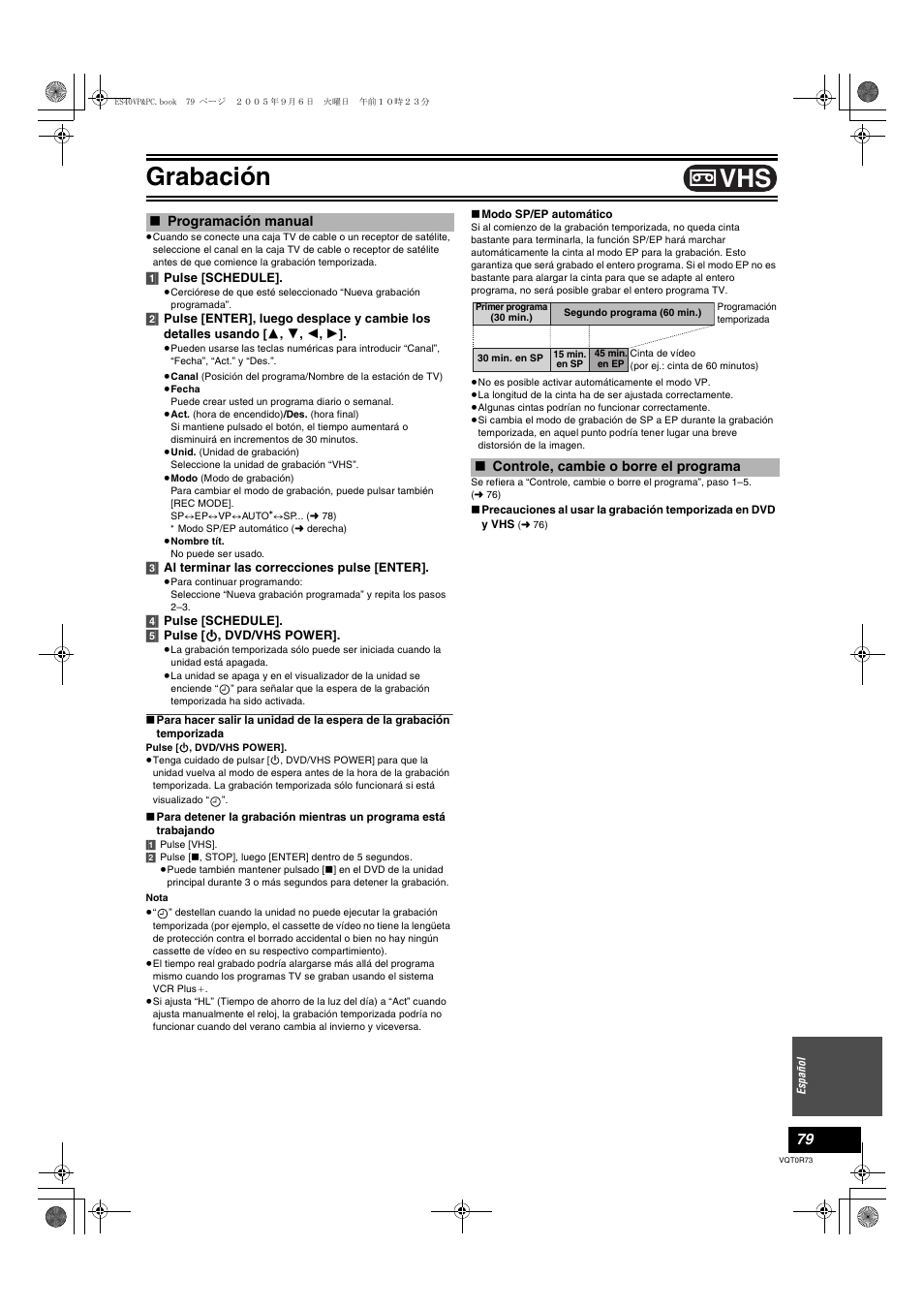 Programación manual, Controle, cambie o borre el programa, Grabación | Panasonic DMR-ES40V User Manual | Page 79 / 80