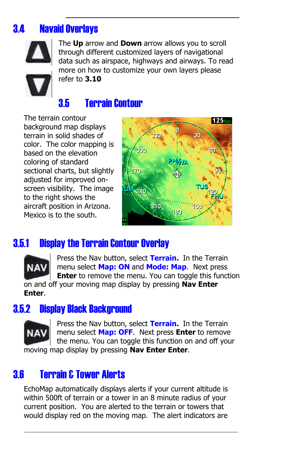 4 navaid overlays, 5 terrain contour, 1 display the terrain contour overlay | 2 display black background, 6 terrain & tower alerts | Panasonic 3.0 User Manual | Page 16 / 63