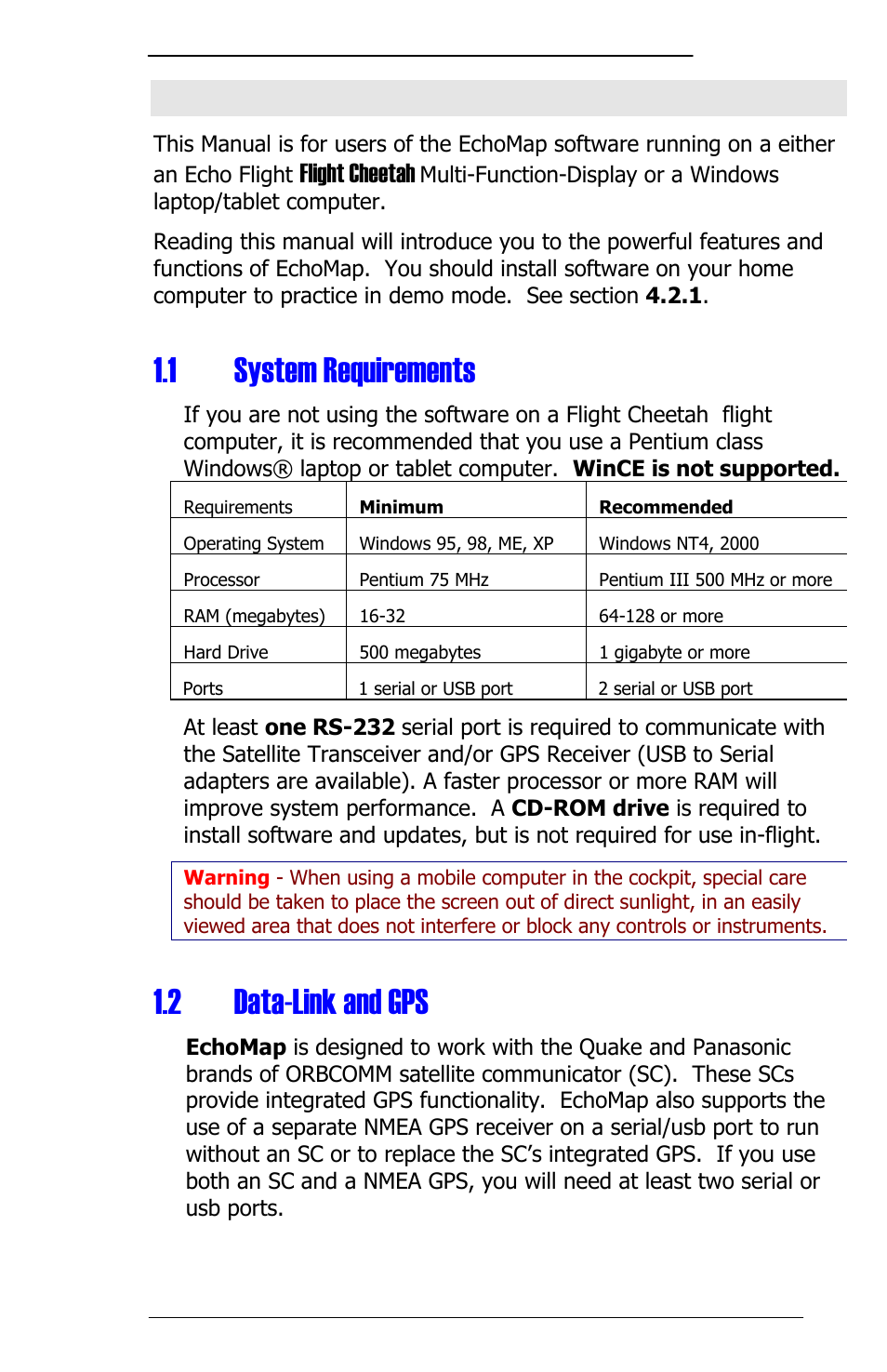 1 system requirements, 2 data-link and gps | Panasonic 3.0 User Manual | Page 7 / 63