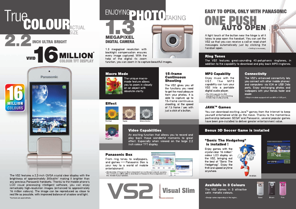Colour, Olour, Megapixel | Million, Visual slim, Actual size, Enjoyin, Easy to open, only with panasonic | Panasonic VS2 User Manual | Page 2 / 2