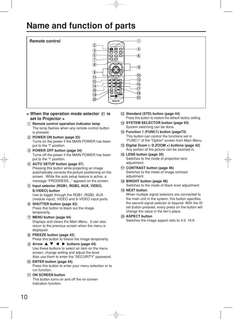 Name and function of parts, Remote control | Panasonic PT-DW7000E User Manual | Page 10 / 106