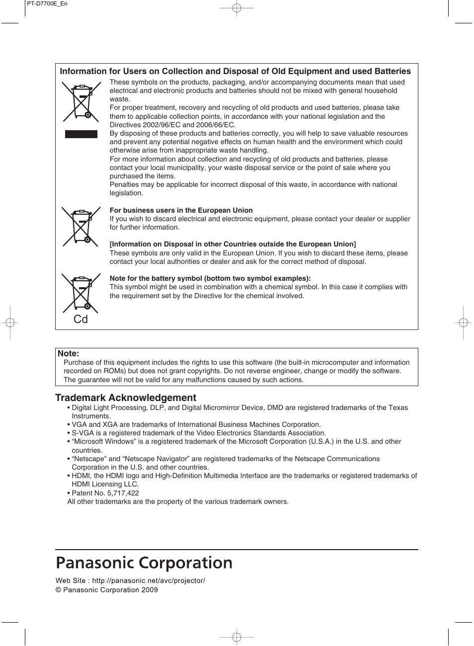 Trademark acknowledgement | Panasonic PT-DW7000E User Manual | Page 106 / 106