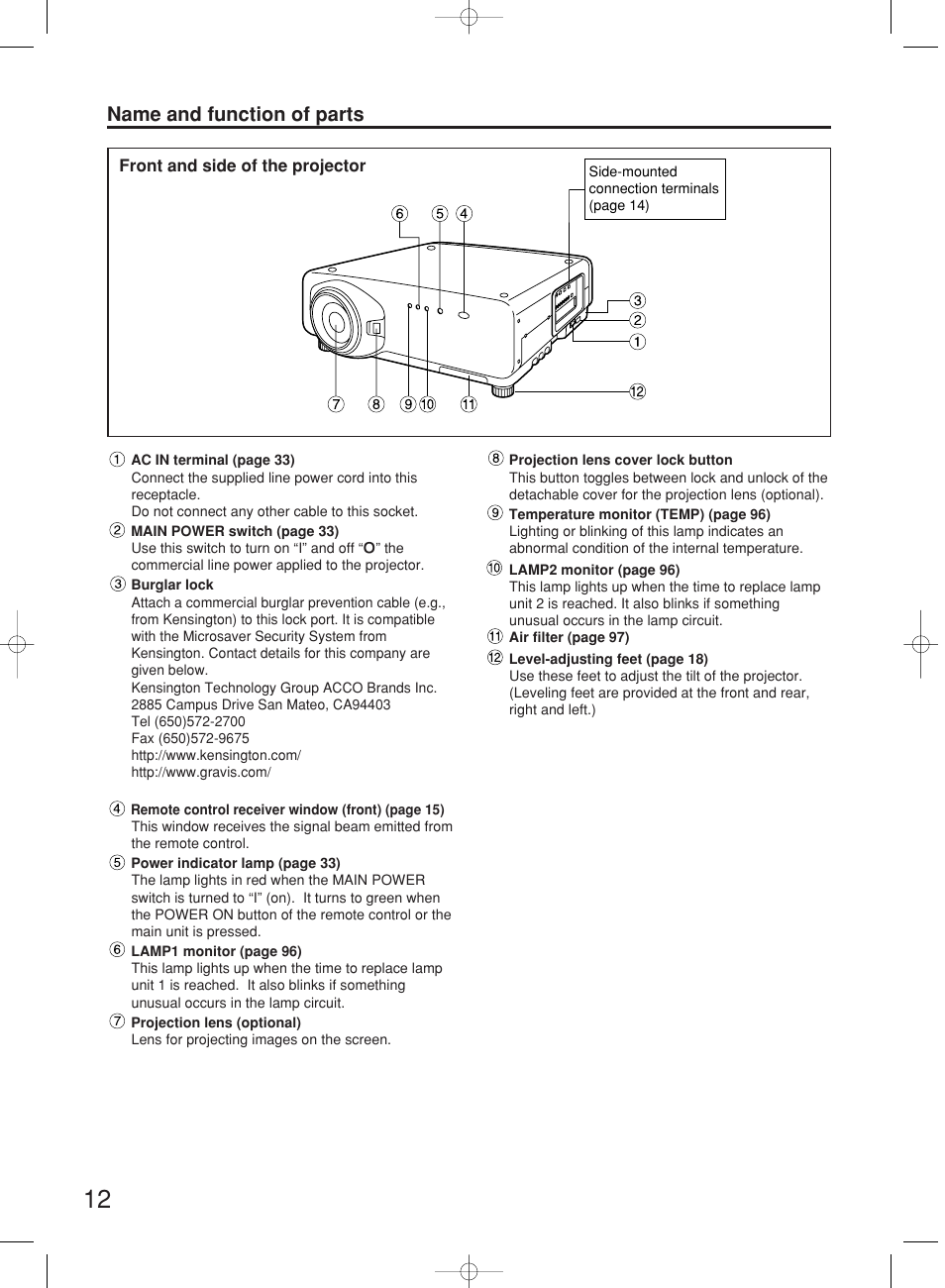 Name and function of parts | Panasonic PT-DW7000E User Manual | Page 12 / 106