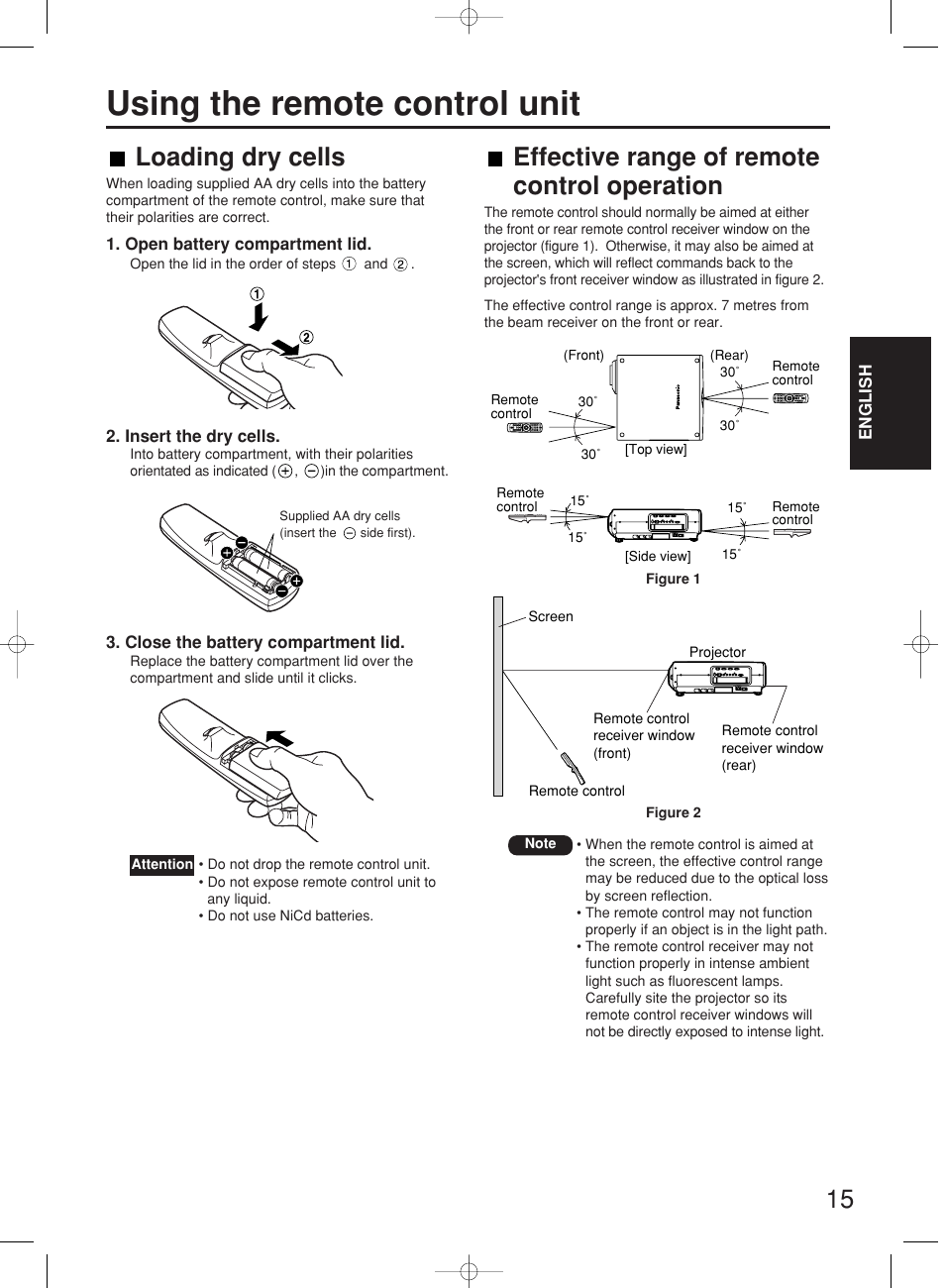 Using the remote control unit, 15 loading dry cells, Effective range of remote control operation | Panasonic PT-DW7000E User Manual | Page 15 / 106