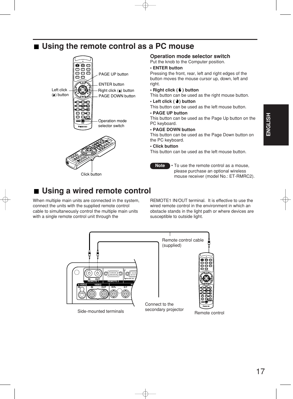 Using the remote control as a pc mouse, Using a wired remote control, English | Operation mode selector switch, La ser on /of f pa ge pa ge po w er, Rg b, Me nu, Vi de o sh ut, Vid eo fr ee ze sh ut te r au to set up, Us er | Panasonic PT-DW7000E User Manual | Page 17 / 106