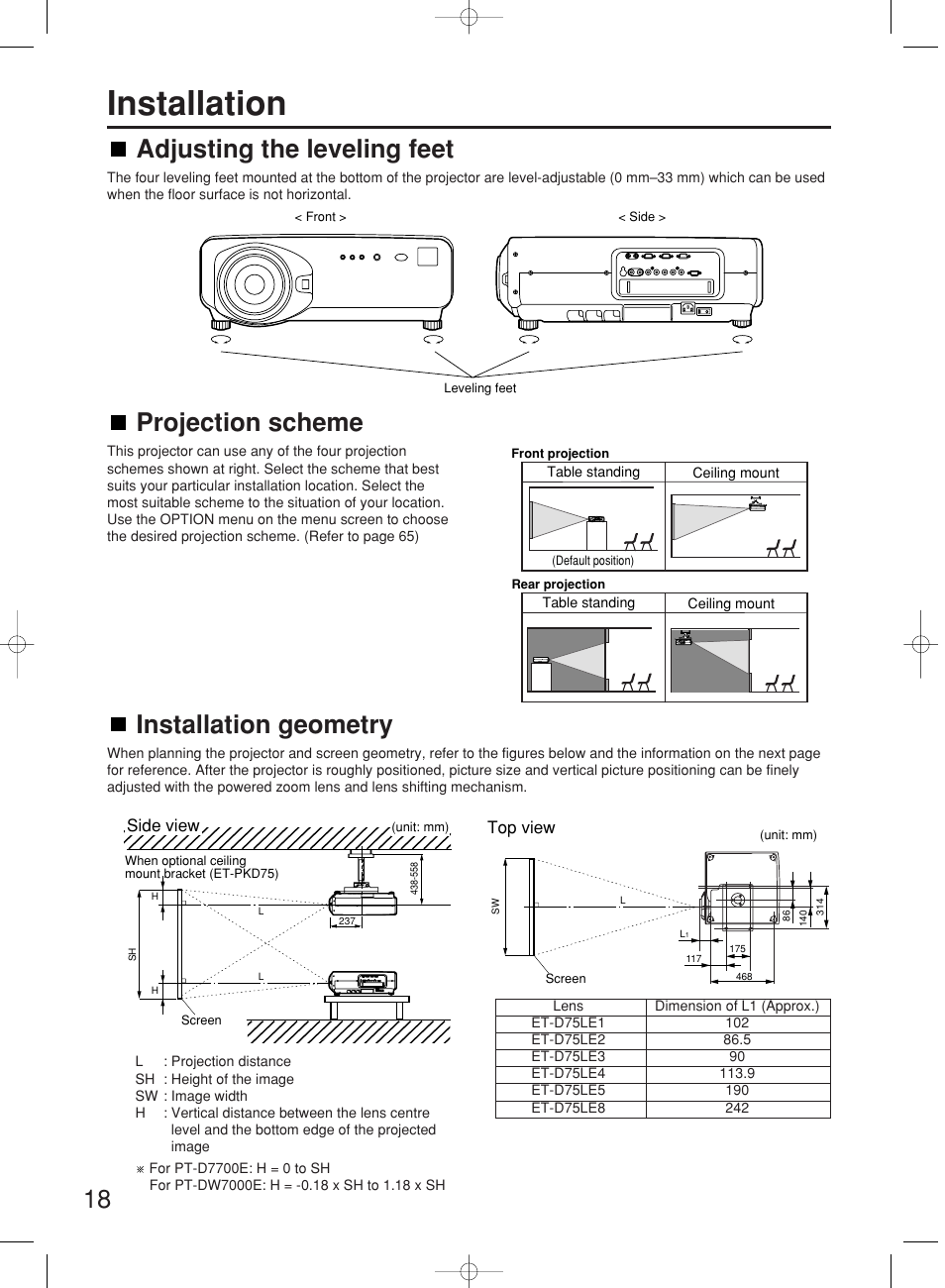 Installation, 18 projection scheme, Adjusting the leveling feet | Installation geometry | Panasonic PT-DW7000E User Manual | Page 18 / 106