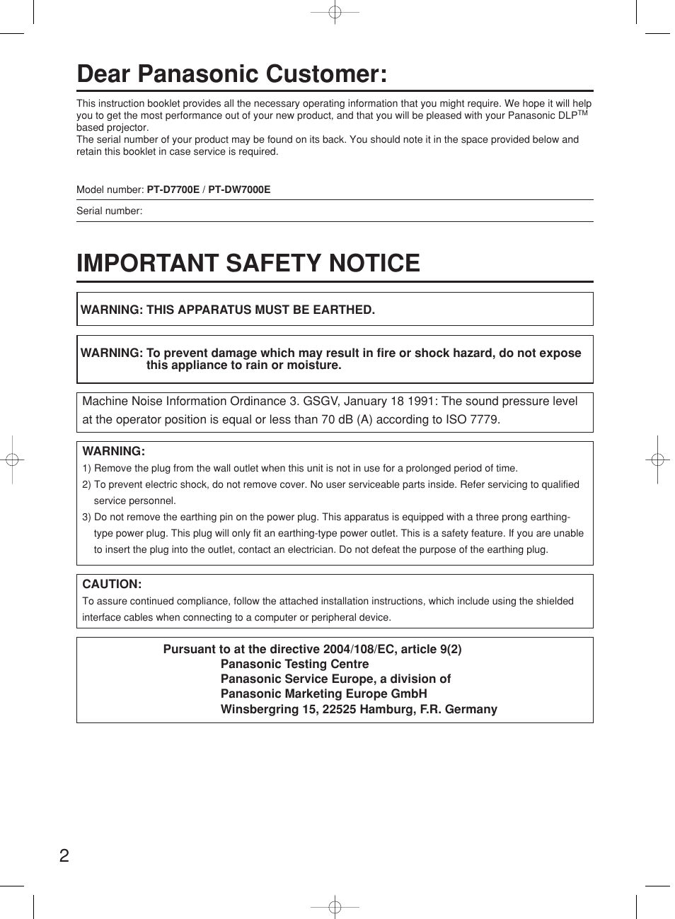 Dear panasonic customer, Important safety notice | Panasonic PT-DW7000E User Manual | Page 2 / 106