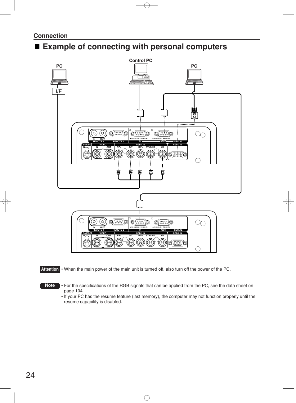 Example of connecting with personal computers, Connection | Panasonic PT-DW7000E User Manual | Page 24 / 106