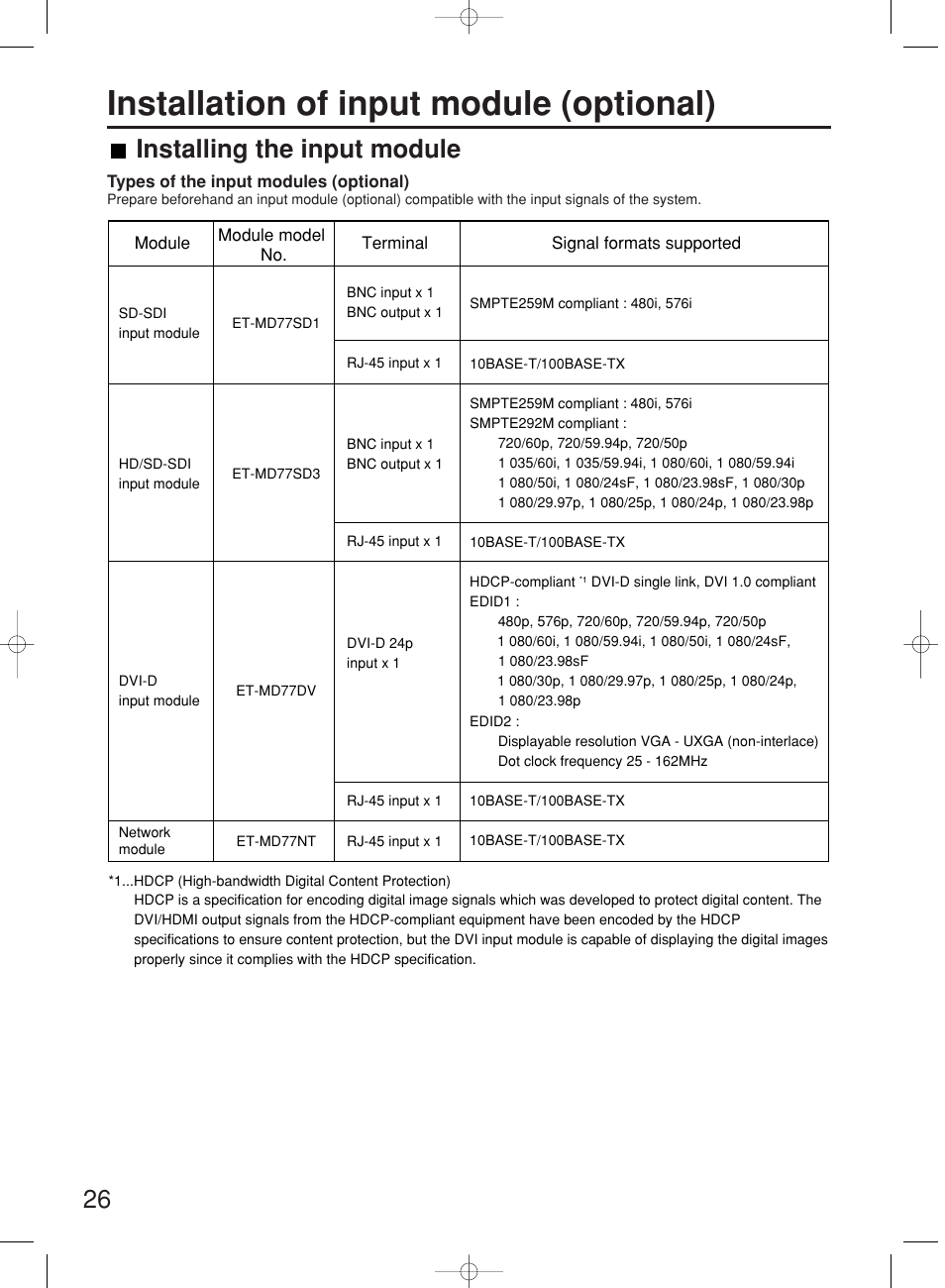 Installation of input module (optional), Installing the input module | Panasonic PT-DW7000E User Manual | Page 26 / 106