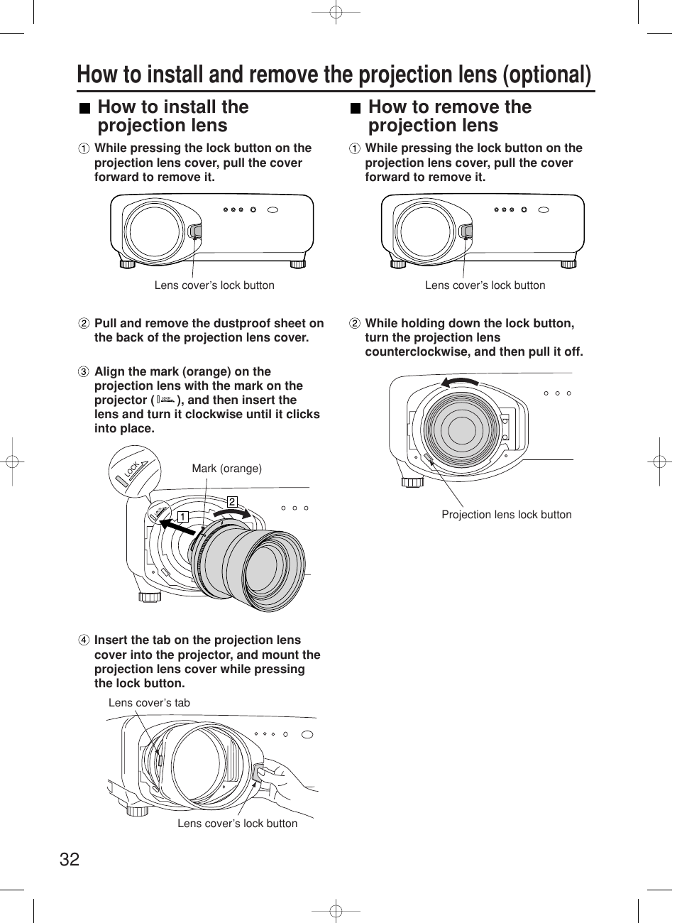 How to install the projection lens, How to remove the projection lens | Panasonic PT-DW7000E User Manual | Page 32 / 106
